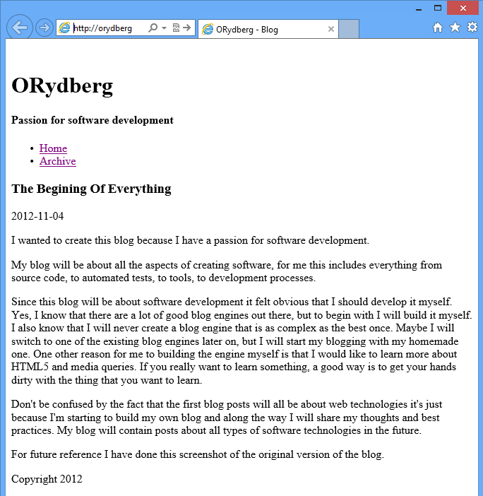 Screenshot of first version of the blog