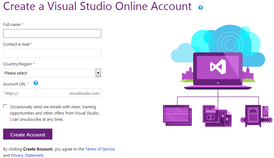 Image of webpage Creat a Visual Studio Online Account