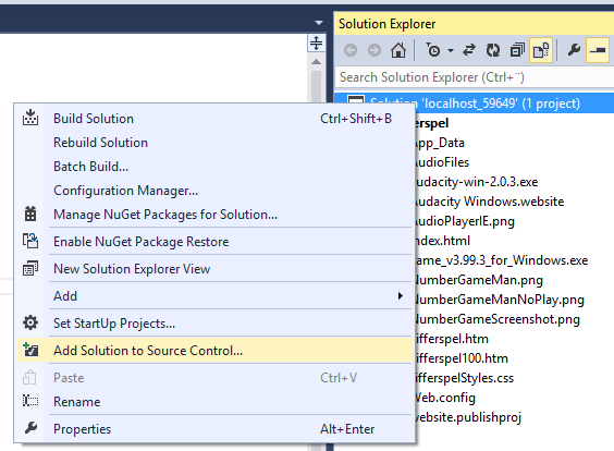 Image showing dialog Add Solution Sifferspel to Source Control