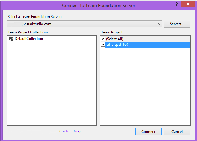 Image showing dialog Connect to Team Foundation Server