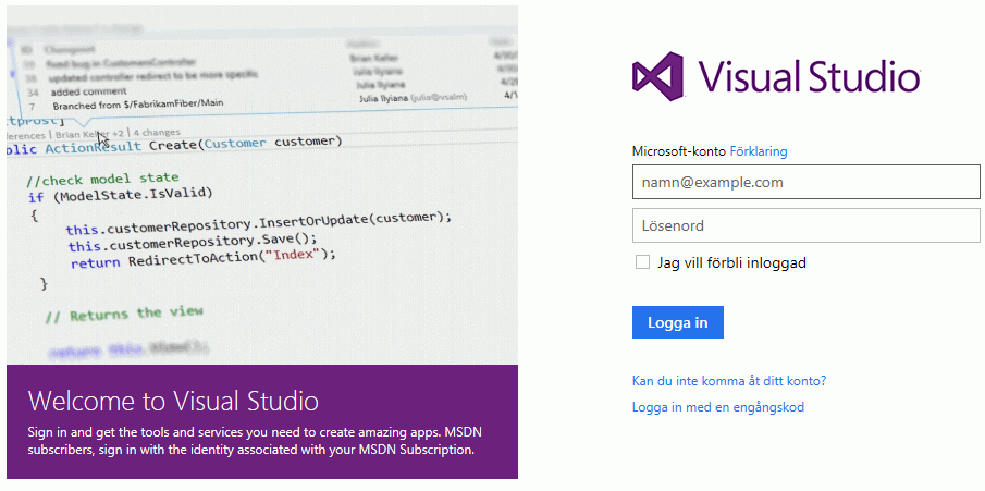 Image showing the Visual Studio Online login page